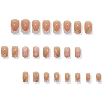 24Pcs Summer Flower Fake Nails White French Press on Nails Medium Square Acrylic Full Cover False Nail Glossy Gold Glitter Stick on Nail Curve Line Gel Glue on Fingernails for Holiday Manicure Art