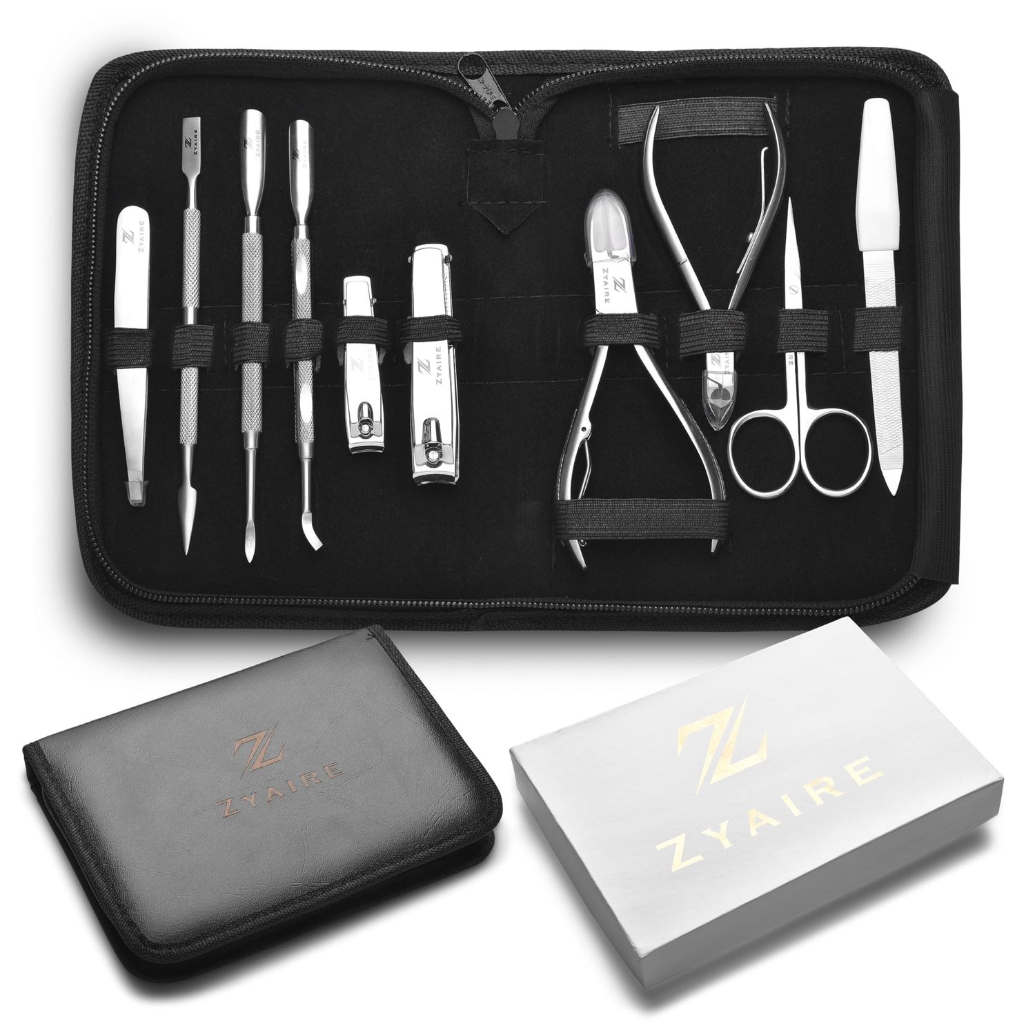 ZYAIRE Manicure Pedicure Set | 10-in-1 Stainless Steel Grooming Kit | Personal Care Tools | Nail Nipper, Cuticle Cutter, Scissors, Tweezers | Blackhead Remover, Nail File &amp; Case (Black)