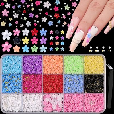 3D Flower Nail Charms with Tweezers for Nail Art, Colorful Acrylic Flower Nail Charms with Caviar Beads and Flatback Pearls, Spring Blossom Petal for Manicure Nail Decor DIY