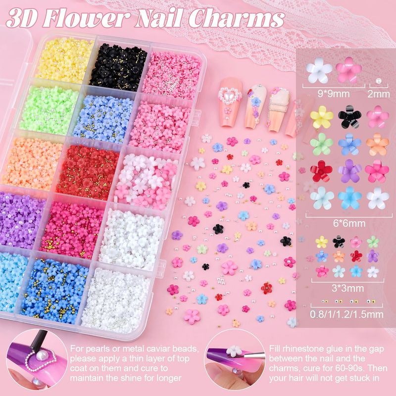 3D Flower Nail Charms with Tweezers for Nail Art, Colorful Acrylic Flower Nail Charms with Caviar Beads and Flatback Pearls, Spring Blossom Petal for Manicure Nail Decor DIY