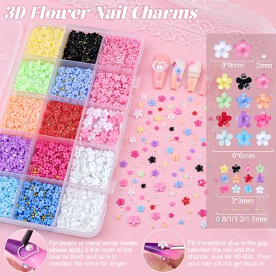 3D Flower Nail Charms with Tweezers for Nail Art, Colorful Acrylic Flower Nail Charms with Caviar Beads and Flatback Pearls, Spring Blossom Petal for Manicure Nail Decor DIY