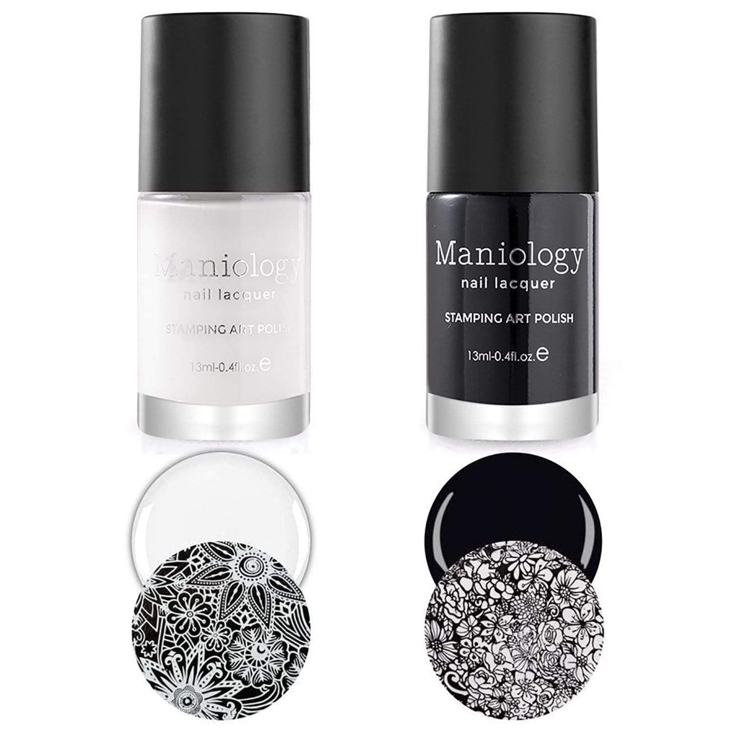 Maniology Black and White Duo Bam! White and Straight Up Black 2pc Nail Stamping Polish Set, Essential and Primary Manicure Color Lacquer