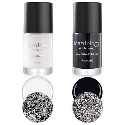 Maniology Black and White Duo Bam! White and Straight Up Black 2pc Nail Stamping Polish Set, Essential and Primary Manicure Color Lacquer