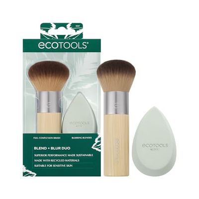 EcoTools Blend Blur Makeup Brush and Sponge Duo, Makeup Blender Sponge &amp; Foundation Brush, For Liquid &amp; Cream Makeup, Cloud Skin, Eco Friendly, Latex-Free, Cruelty Free, &amp; Vegan, 2 Piece Set