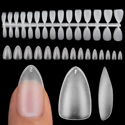 ESUOHYM 600 PCS Short Almond 15 Sizes Matte Etched Pre Shaped Fake Nails Tips Acrylic Gel Soft False Nails Press On Clear Full Cover No C Curve for Extension Home DIY Supplies