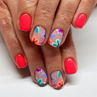 Square Press on Nails Short Fake Nails Press ons with Cute Colorful Flower Designs Glossy Glue on Nails Acrylic Reusable False Nails Red Full Cover Stick on Nails for Women Girls 24 Pcs