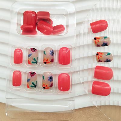 Square Press on Nails Short Fake Nails Press ons with Cute Colorful Flower Designs Glossy Glue on Nails Acrylic Reusable False Nails Red Full Cover Stick on Nails for Women Girls 24 Pcs