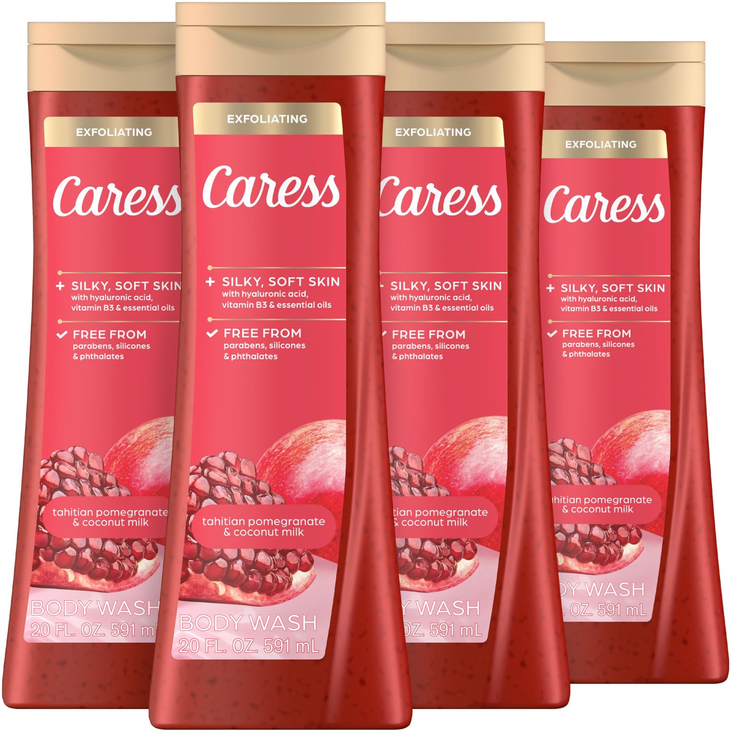 Caress Body Wash for Women, Tahitian Pomegranate &amp; Coconut Milk, Exfoliating Shower Gel for Renewed, Glowing Skin, 20 fl oz, 4 Pack