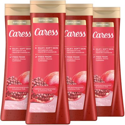 Caress Body Wash for Women, Tahitian Pomegranate &amp; Coconut Milk, Exfoliating Shower Gel for Renewed, Glowing Skin, 20 fl oz, 4 Pack