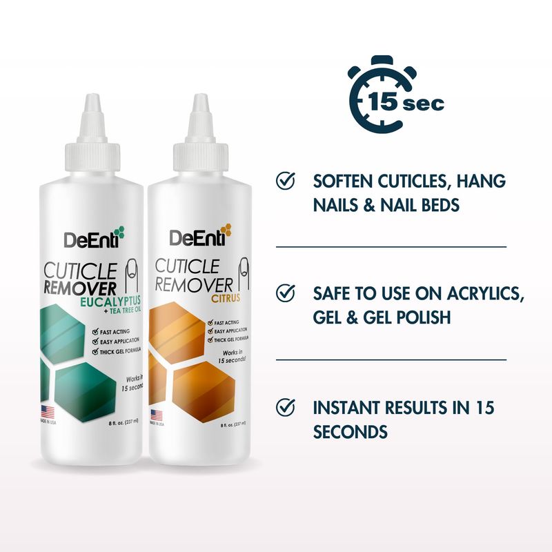DeEnti Instant Cuticle Remover Gel, Eucalyptus, 8 Oz Bottle, Professional Cuticle Softener, Salon Quality Manicure and Pedicure Supplies