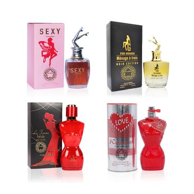 META-BOSEM La Femme Fatale/Sexy/G Menage a trois Noir Edition/Romance, Women Perfume Collection Fragrance Bottle, Eau de Parfum Natural Spray - Fresh Scent (Pack of 4) Each 3.4 Fl Oz, Total 13.6 Oz
