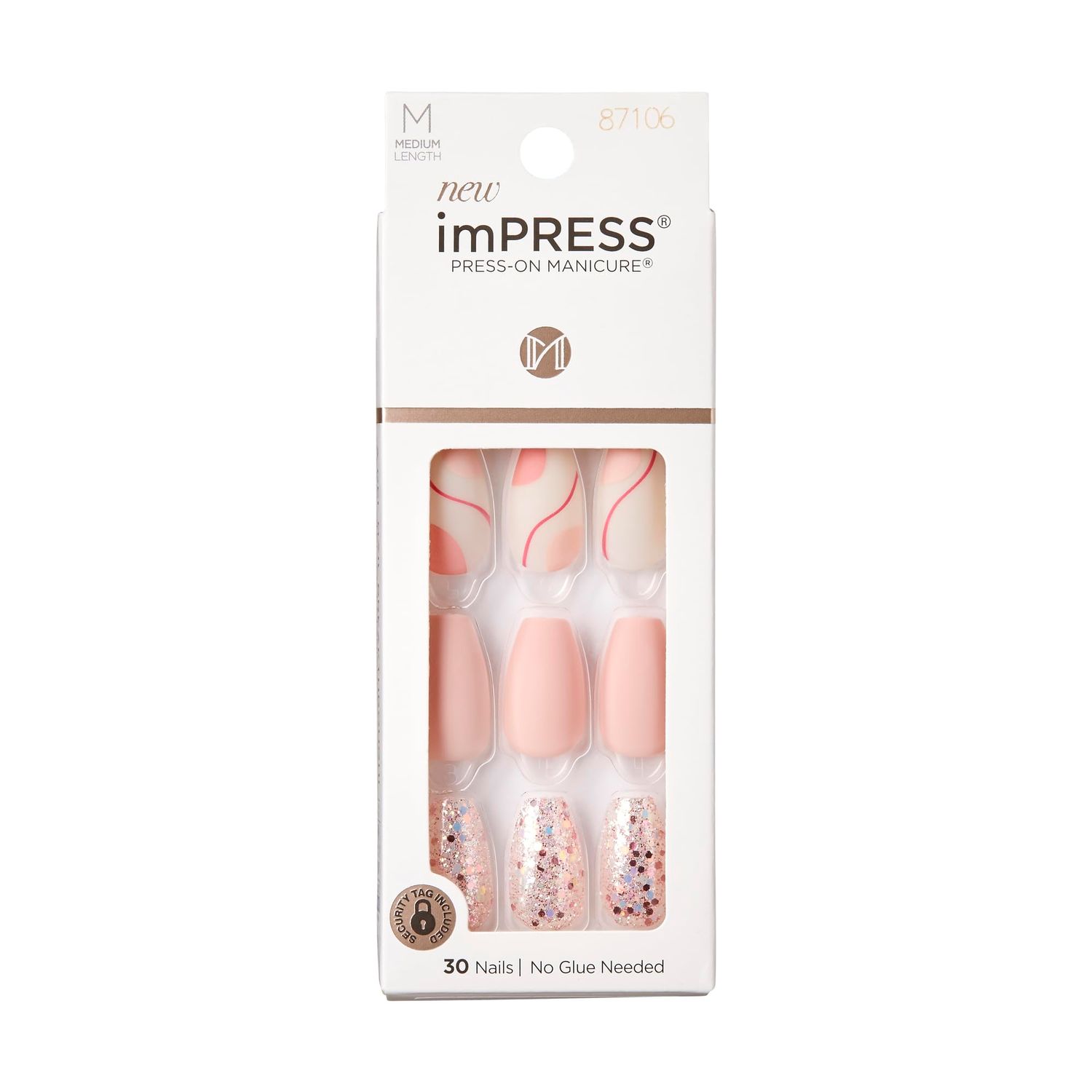 KISS imPRESS No Glue Mani 30 Pcs Premium Press On Nails, Matte Pink, Glitter, Medium Size, Coffin Shape, Simple Peel &amp; Press Easy Apply, Hassel-Free Removal, Essential Tools Included