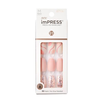 KISS imPRESS No Glue Mani 30 Pcs Premium Press On Nails, Matte Pink, Glitter, Medium Size, Coffin Shape, Simple Peel &amp; Press Easy Apply, Hassel-Free Removal, Essential Tools Included