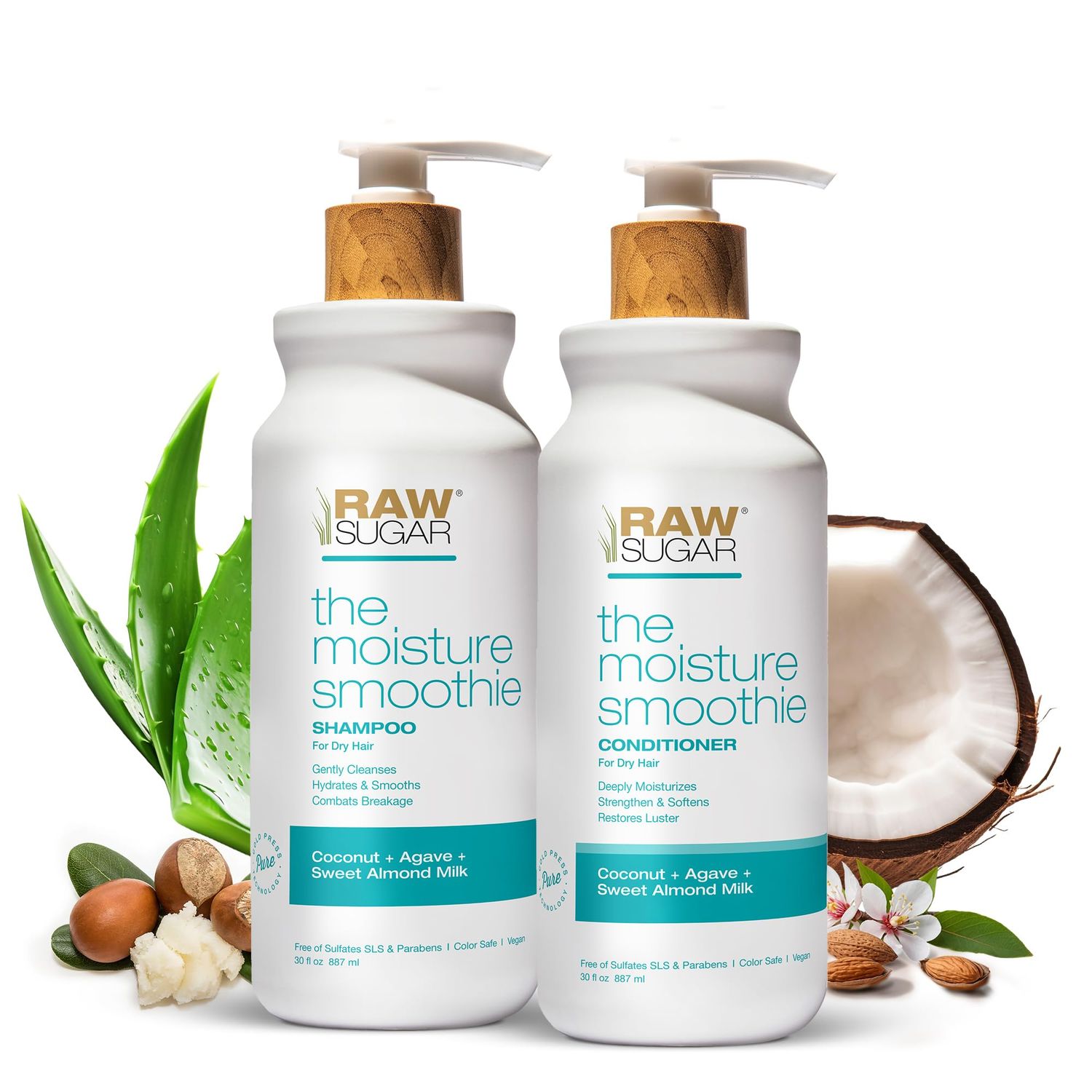 Raw Sugar Moisture Smoothie Shampoo and Conditioner Set, Moisturize &amp; Nourish Dry Hair, Bulk Shampoo and Conditioner with Coconut Oil, Agave &amp; Sweet Almond Oil, Formulated without Sulfates &amp; Parabens