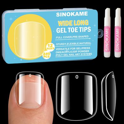 Wide Long Large Gel Toe Nail Tips, SINOKAME Big Fake Toenails Full Cover Nail Glue Kit For Women&amp;Men, Clear Press on Toenails Longlasting,240Pcs 12 Sizes Up to 10 Pedicures