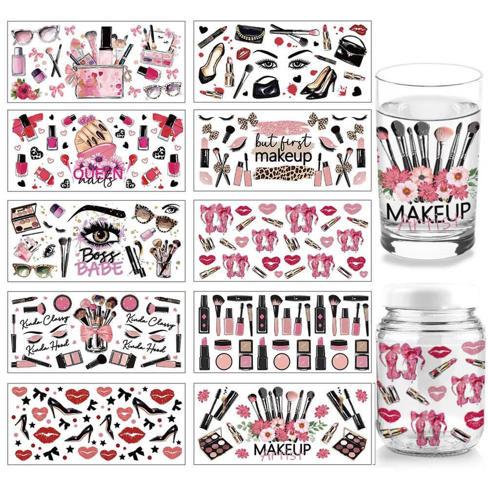 arricraft 10 Sheets Makeup Theme UV DTF Cup Wrap, Lipstick Heel Lip Print Pattern Rub on Decals PVC Transfer Stickers for DIY 16OZ Glass Cup or Cosmetic Holder