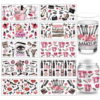 arricraft 10 Sheets Makeup Theme UV DTF Cup Wrap, Lipstick Heel Lip Print Pattern Rub on Decals PVC Transfer Stickers for DIY 16OZ Glass Cup or Cosmetic Holder
