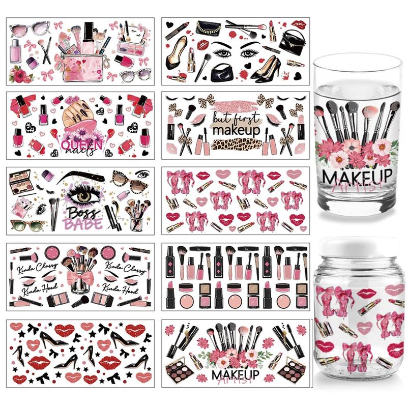 arricraft 10 Sheets Makeup Theme UV DTF Cup Wrap, Lipstick Heel Lip Print Pattern Rub on Decals PVC Transfer Stickers for DIY 16OZ Glass Cup or Cosmetic Holder