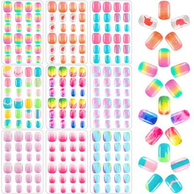 BOARDFEB 216Pcs 9 Pack Kids Press on Nails Grils Full Cover Short False Stick on Nail Tips for Kids Nail Art Decoration Christmas Birthday Valentines Party Favors Gift(Gradient Style)