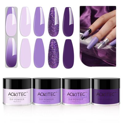 Aokitec Dip Powder Set, 4 Colors Purple Shades All Season Dipping Powder Nail Set Light/Glitter/Deep Purple for French Nail Art Home Salon DIY Dip Manicure for Women, Elegance Romance