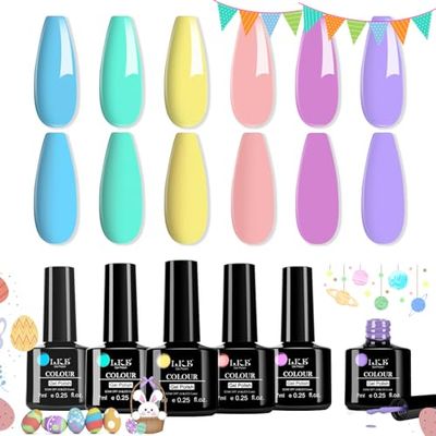 LKE Pastel Gel Nail Polish Kit Spring Easter Halloween Gel Polish Set 6 Color Red Pink Purple Blue Green Bright Yellow Gel Polish Soak Off U V Led Gel Nail Art Manicure Kit for Girls Women
