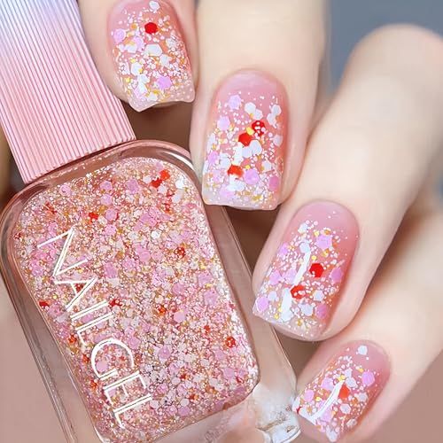 ASMAYSA Clear Chunky Glitter Top Coat Nail Polish, Spring Summer Nail Polish with Flower Glitter for Women &amp; Girls, No UV Light Needed