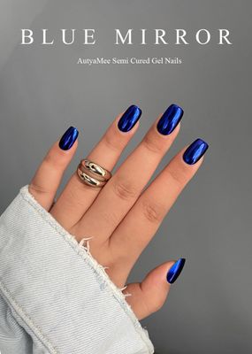 AutyaMee Semi Cured Gel Nail Strips (Blue Mirror), Chrome, 20 Pcs Gel Nail Wraps, Stickers, UV Light Required, Salon Quality, Long Lasting