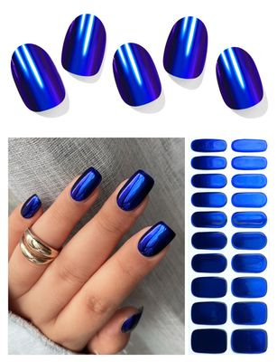AutyaMee Semi Cured Gel Nail Strips (Blue Mirror), Chrome, 20 Pcs Gel Nail Wraps, Stickers, UV Light Required, Salon Quality, Long Lasting