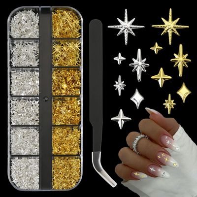 2500Pcs Star Nail Charms, Silver &amp; Gold Nail Charms Bulk for DIY 3D Nail Art Charms &amp; Charms for Nails Design