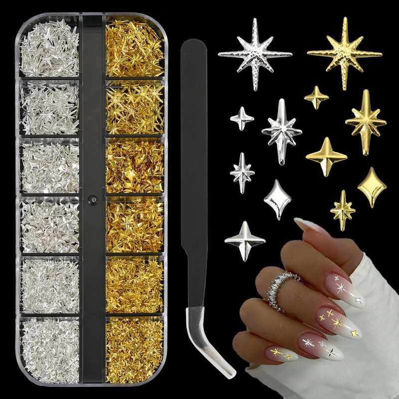 2500Pcs Star Nail Charms, Silver &amp; Gold Nail Charms Bulk for DIY 3D Nail Art Charms &amp; Charms for Nails Design