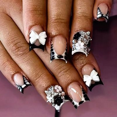 ROFIBUT French Tip Press on Nails Short Square Fake Nails with Bow Charms Designs Black White Zebra Print False Nails Cute Small Flowers Silver Star Nail Rhinestones Stick on Nails for Women 24Pcs