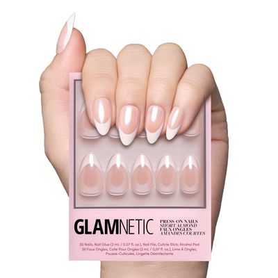 Glamnetic Press On Nails - Mrs. | Short Almond Fake Nails with French Tips and Glossy, Glazed Finish for Weddings, Reusable | 15 Sizes - 30 Nail Kit with Glue