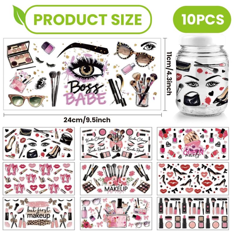 arricraft 10 Sheets Makeup Theme UV DTF Cup Wrap, Lipstick Heel Lip Print Pattern Rub on Decals PVC Transfer Stickers for DIY 16OZ Glass Cup or Cosmetic Holder