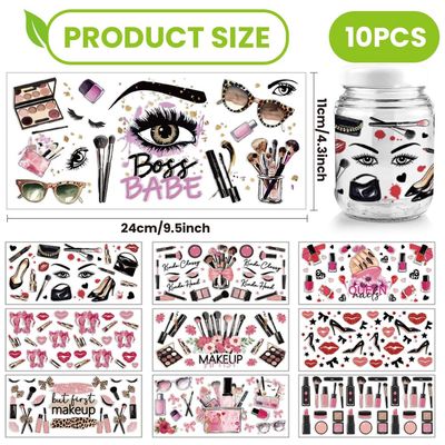 arricraft 10 Sheets Makeup Theme UV DTF Cup Wrap, Lipstick Heel Lip Print Pattern Rub on Decals PVC Transfer Stickers for DIY 16OZ Glass Cup or Cosmetic Holder