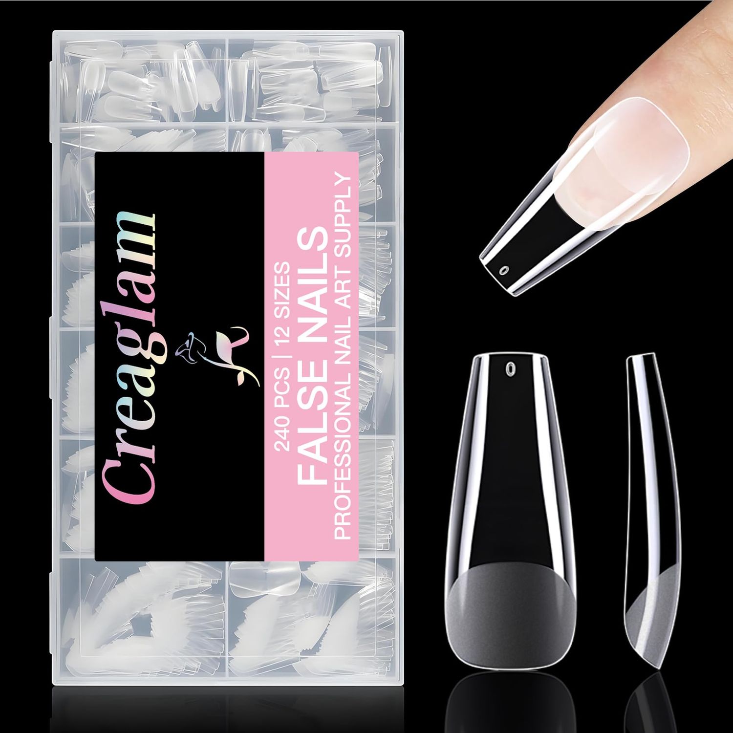 Creaglam Medium Square Nail Tips: 240Pcs Soft Nail Gel Tips Pre-Shaped Clear Square Acrylic Fake Nails - 12 Sizes Soft Nail Tips Half Matte False Full Cover Press On Extensions Set for Women DIY