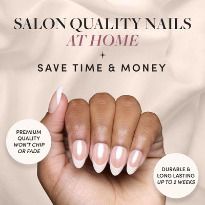 Glamnetic Press On Nails - Mrs. | Short Almond Fake Nails with French Tips and Glossy, Glazed Finish for Weddings, Reusable | 15 Sizes - 30 Nail Kit with Glue