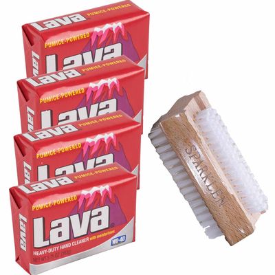 SPARKLEN. Lava Heavy-Duty Pumice Hand Cleaner soap with Moisturizers, 4-bars 5.75 OZ each with a Compatible Wooden Nail Brush