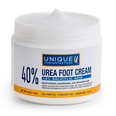 UNIQUE CONCENTRATIONS 40 Urea Foot Cream with 2 Salicylic Acid - Urea Cream 40 Percent for Feet Maximum Strength - Dry Skin Hand &amp; Foot Moisturizer with Hyaluronic Acid &amp; Aloe Vera 4.6 oz