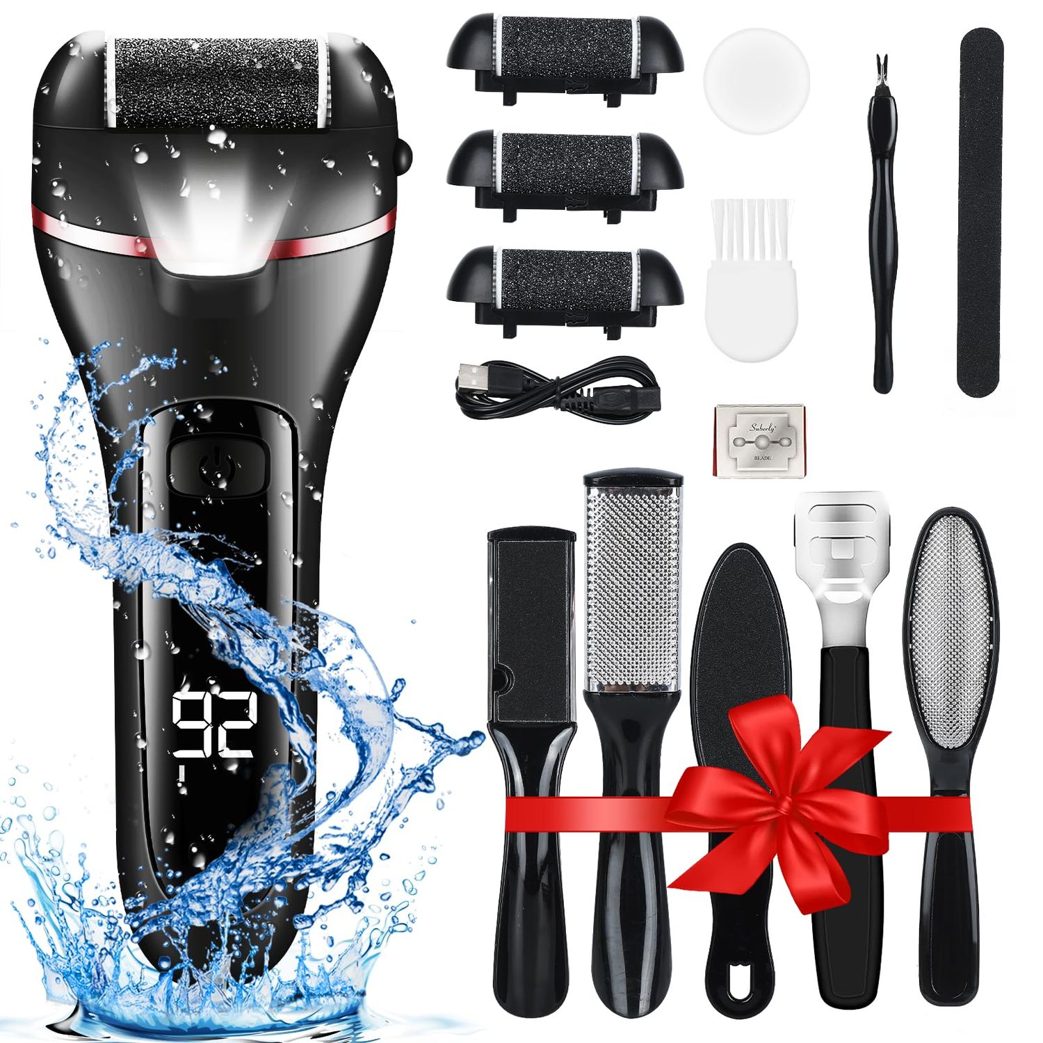 zikillya Electric Foot Callus Remover, 16 Pack Foot File Pedicure Kit Tools,Waterproof Foot Scrubber Dead Skin Remover with 3 Roller Heads &amp; 2-Speed Power Pedicure Tools for Feet Hands Heel (Black)