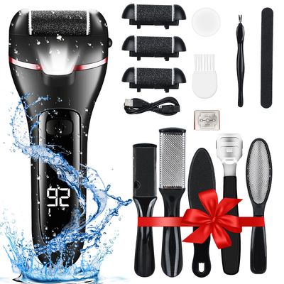 zikillya Electric Foot Callus Remover, 16 Pack Foot File Pedicure Kit Tools,Waterproof Foot Scrubber Dead Skin Remover with 3 Roller Heads &amp; 2-Speed Power Pedicure Tools for Feet Hands Heel (Black)