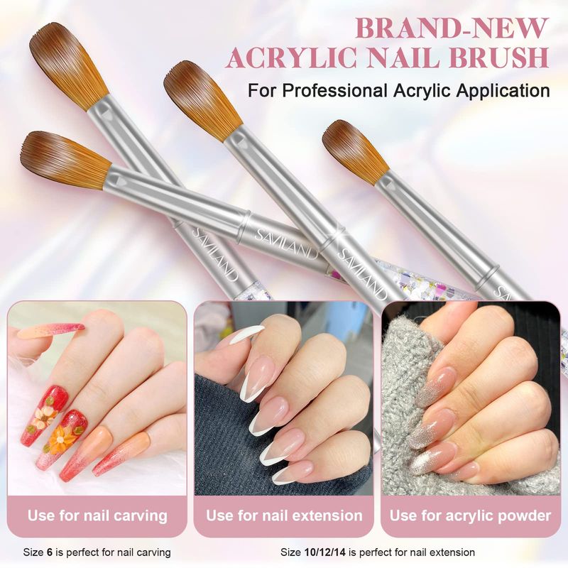 Saviland Kolinsky Acrylic Nail Brush Set - 4PCS Professional Acrylic Nail Brushes for Acrylic Application, Size 6/10/12/14 Acrylic Powder Brushes for Acrylic Nails Extension &amp; 3D Nail Carving