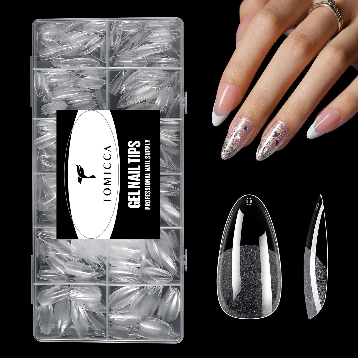 TOMICCA Clear Nail Tips Acrylic Nails 240Pcs Fake nails Medium Almond Nail Tips Pre-shape Gel Nails for Nail Extension False Nail Tips 12 Sizes