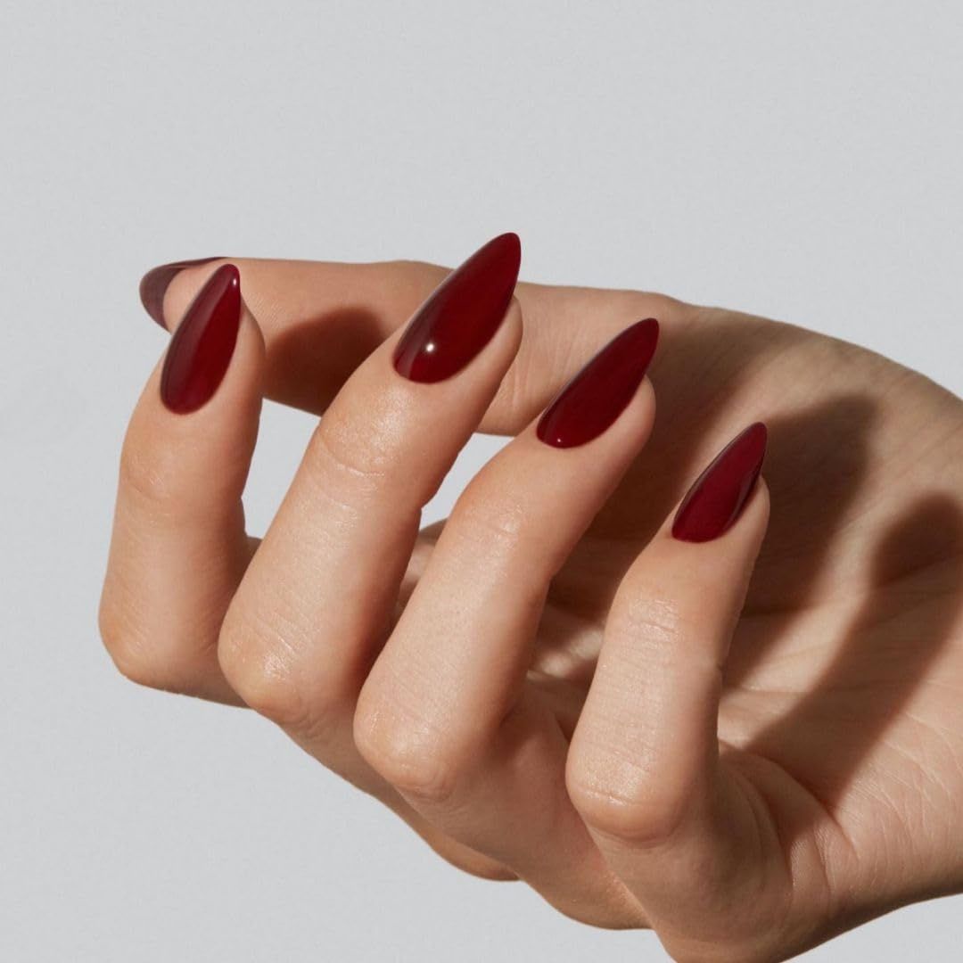 48Pcs Burgundy Press on Nails Almond Fake Nails Glue on Nails Medium Length Almond Shaped Nails Press ons, Stiletto False Nails for Women Dark Red Medium Almond Nails Thick Acrylic Gel Nails