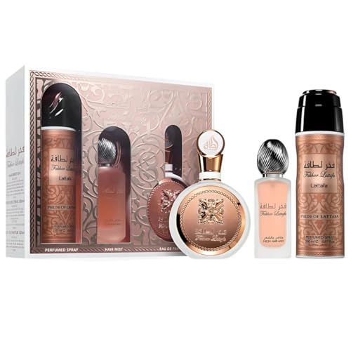 Lattafa Fakhar for Women 3 Piece Set (3.4 Oz Eau de Parfum Spray 1.7 Oz Hair Mist 6.7 Oz Deodorant Spray)