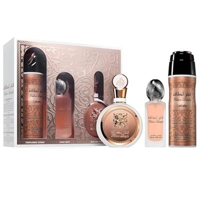 Lattafa Fakhar for Women 3 Piece Set (3.4 Oz Eau de Parfum Spray 1.7 Oz Hair Mist 6.7 Oz Deodorant Spray)