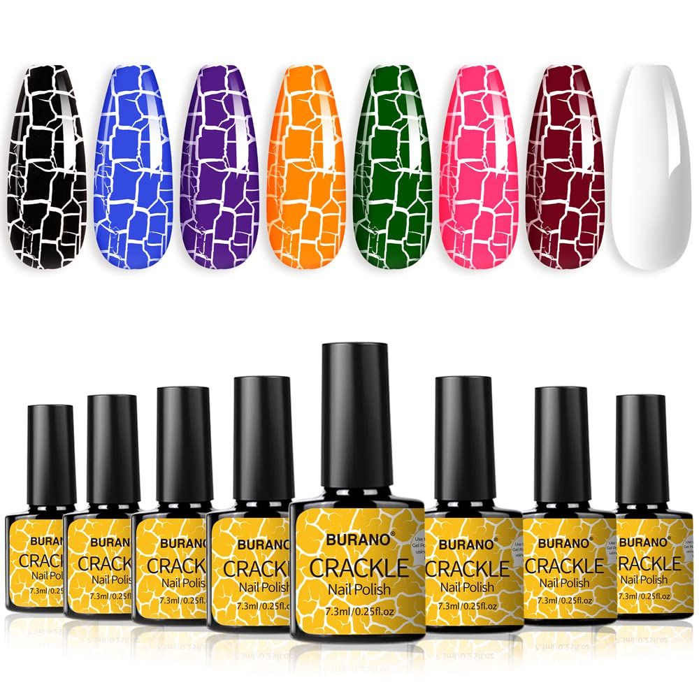 BURANO Crackle Gel Nail Polish Set - 7 Colors White, Super Easy Cracked Nail Polish, Air Dry &amp; UV Lamp Needed