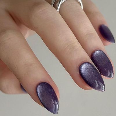 GLAMERMAID Dark Purple Magnet Cat Eyes Press on Nails Short Almond, Black Aurora Handmade Jelly Gel Fake Nail Kit, Ombre Glitter Magnetic Glue on Nail Stiletto, Medium Oval Stick on False Nail Women