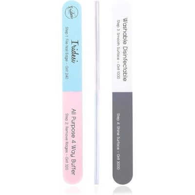 Iridesi 4 Way Finger Nail File and Buffer, Emery Boards for Natural Nails, 4 Fingernail Files in 1, Professional Filer Board and Shiners, 7 Inches Long, Salon Supplies Buffers Shine Kit, 12 Pack