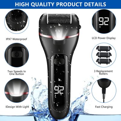zikillya Electric Foot Callus Remover, 16 Pack Foot File Pedicure Kit Tools,Waterproof Foot Scrubber Dead Skin Remover with 3 Roller Heads & 2-Speed Power Pedicure Tools for Feet Hands Heel (Black)