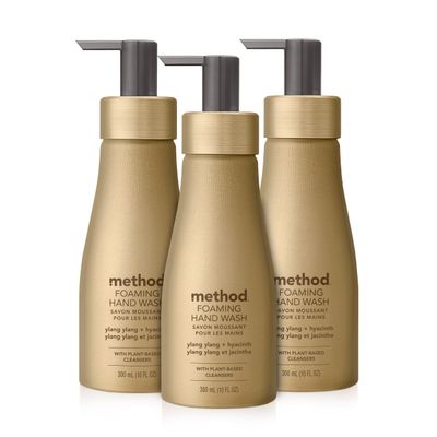 Method Premium Foaming Hand Wash, Ylang Ylang Hyacinth, Reusable Gold Aluminum Bottle, Biodegradable Formula, 10 fl oz (Pack of 3)